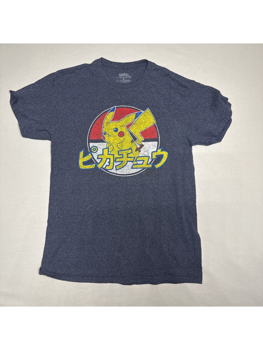 Pokemon Pikachu T-Shirt Blue Medium Japanese Lettering Short Sleeve